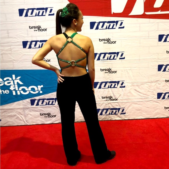 Custom Made Emerald Green Appliqué Dance Costume - Pants with Crossed Top - Picture 5 of 13